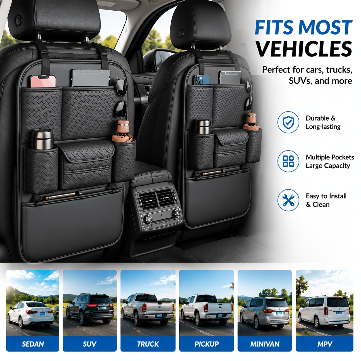 TEMU High Quality Black Car Seat Back Storage Bag, Large Multi Pocket Back Organizer For Water Bottle, Tablet & Accessories, Universal Fit For Sedan,