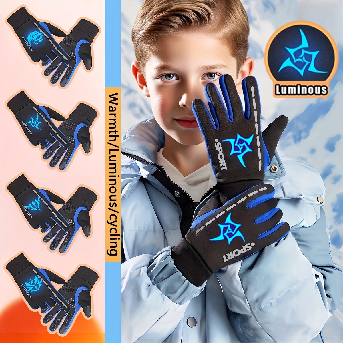 A Pair of Gloves Designed for Autumn And Winter, Featuring Separate Fingers for Skiing. These Glow-In-The-Dark Gloves Are Suitable for Both Boys And Girls, with Stylish Patterns That Shine at Night And a Plush Interior. Ideal for Everyday Wear And O