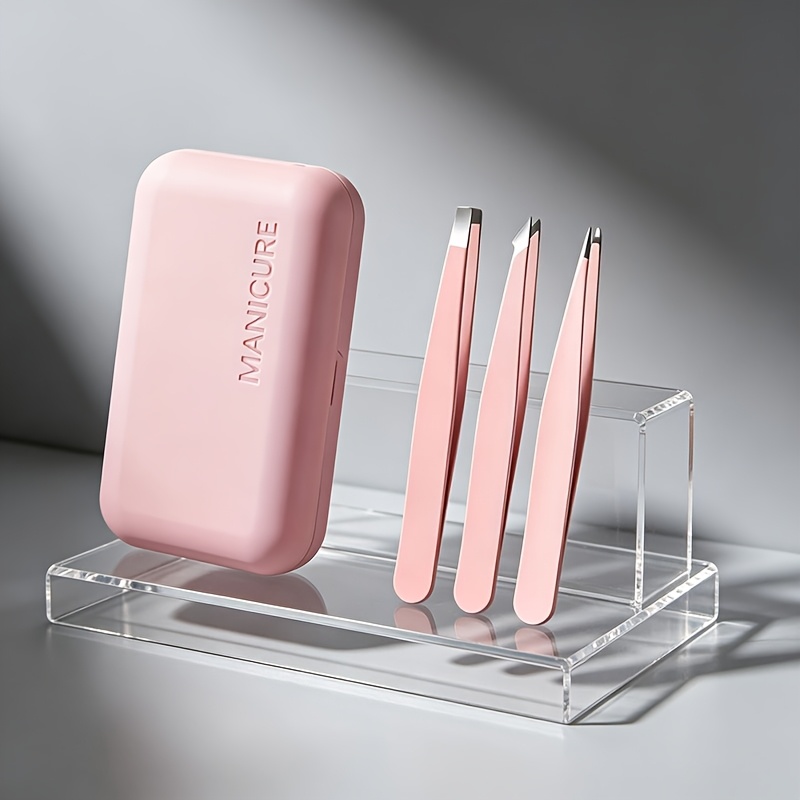 TEMU Lot de 3 pinces à épiler pour sourcils adaptées à l'épilation des poils incarnés avec étui - Mini pinces à pointe pointue/incurvée/plate pour