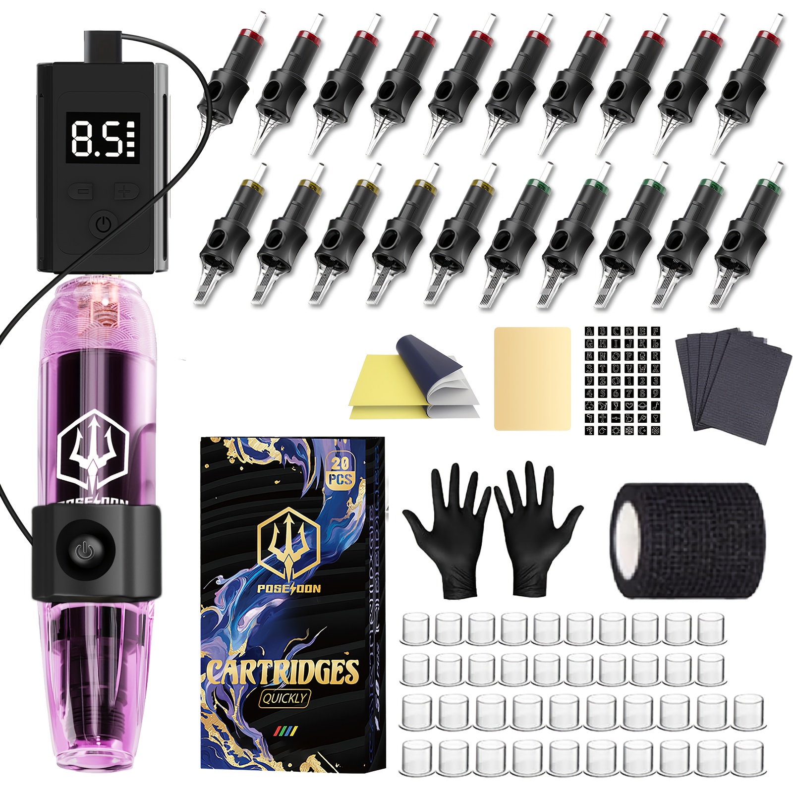 Image of Poseidon Wireless Tattoo Machine Kit | Tattoo Guns And Kits With 1200mah Usb Powered Power Supply, Cartridge Needles Set, Gloves, And Accessories For Temporary Tattoo Starter Kit