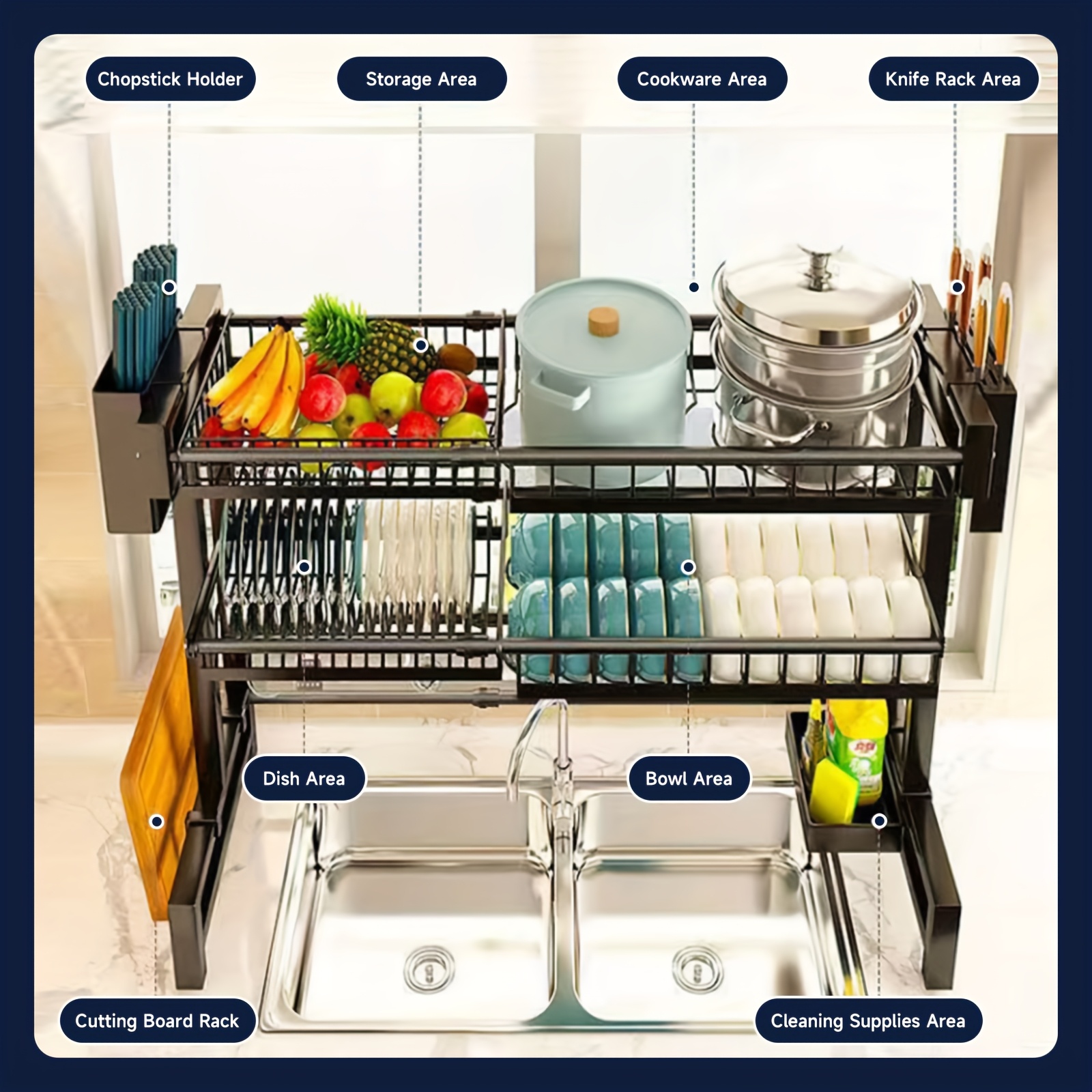   adjustable over the sink dish drying rack 2 tier space saving kitchen organizer with multifunctional baskets durable plastic carbon steel construction black over sink storage sleek black rack innovative design Product details 2