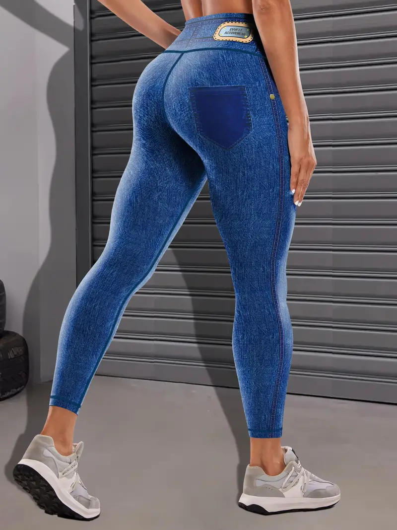 Simulation Jeans Faux Denim Print Yoga Leggings, High Waist Butt Lifting  Tummy Control Sports Training Tight Pants, Women's Activewear