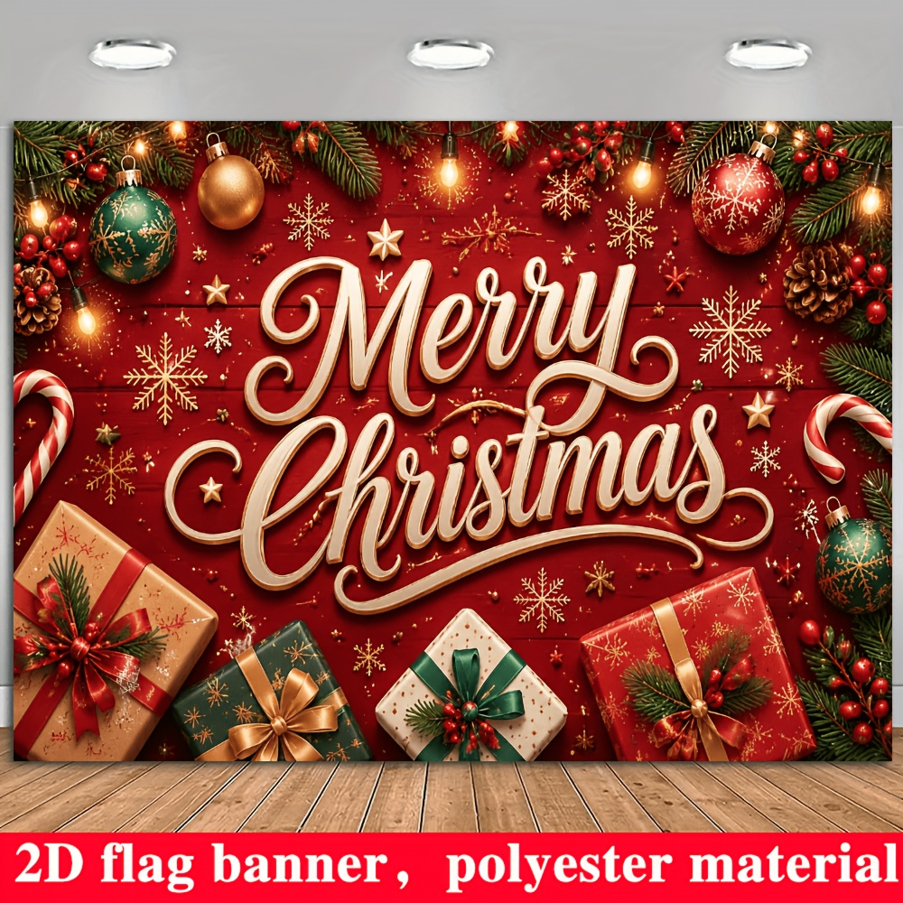 item picture 2d flat 2d flat 2d flat 2d flat 2d flat banner merry christmas themed party banner background featuring christmas ornaments gift boxes candy canes pine branches and pinecones and snowflakes made of polyester material