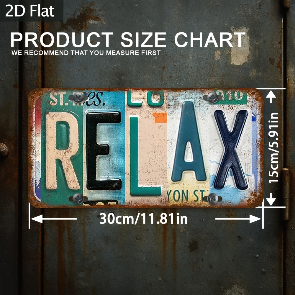 E-shop 2D Flach, 1 Stück Metallschild "RELAX" - 30,48x15,24 cm Rustikale Industriedekoration mit Vintage-Garten, Garage, Eingangsbereich - Kein