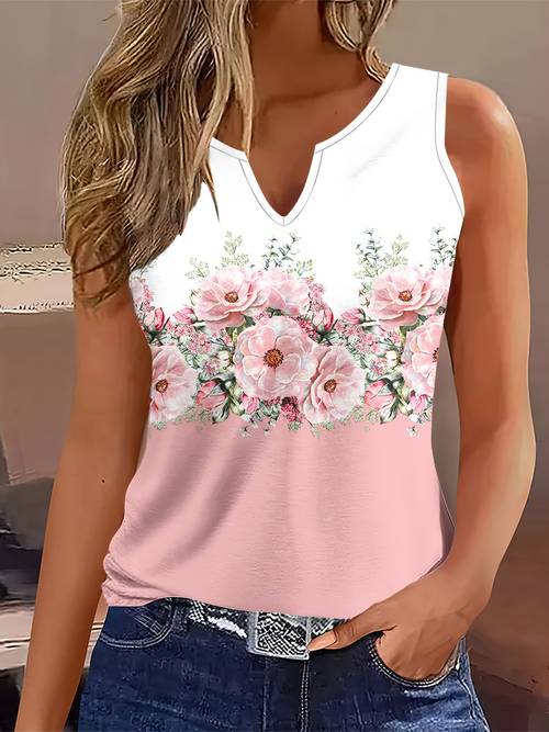 womens elegant v neck tank sleeveless blouse with all over floral print soft pink block breathable regular fit machine washable ladies tank tops stretchy fabric