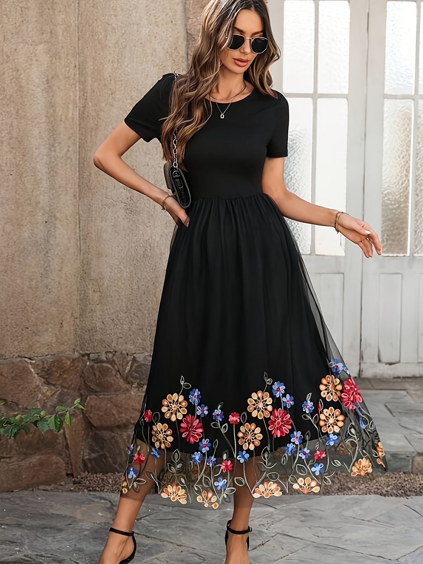 summer embroidered crew neck dress Women's Black Dress Embroidered Mini Dress Cotton Classic Boho Floral Flowy  Shift Dress Crew Neck Long Sleeve Daily Summer Spring Black 2026