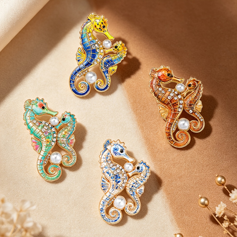 Rhinestone Seahorse Enamel Brooch, Embracing Design