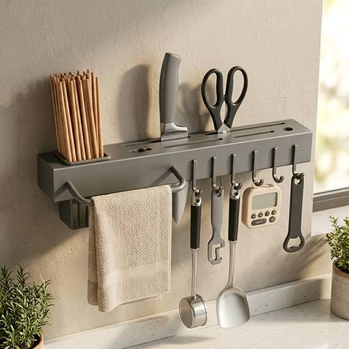 1pc 2025 new multi functional wall mounted kitchen storage rack heavy duty carbon steel knife rack no drilling installation suitable for storing knives cutlery and cutting boards in homes or restaurants space saving design utility racks