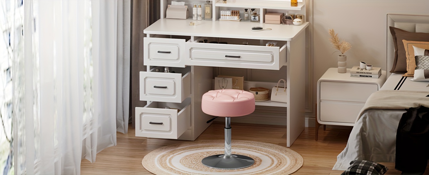 ACEQLYT Adjustable Vanity Stool, Faux Leather Vanity Chair For Makeup Room Bedroom, Round Makeup Chair Ottoman, Sturdy, Rust-Resistant And Easy To Assemble