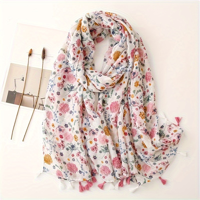 

Floral Cotton-linen Scarf For Women, Spring/summer Collection Lightweight Tassel Beach Shawl, Colorful Small Flower Print, Sun Protection Head Wrap