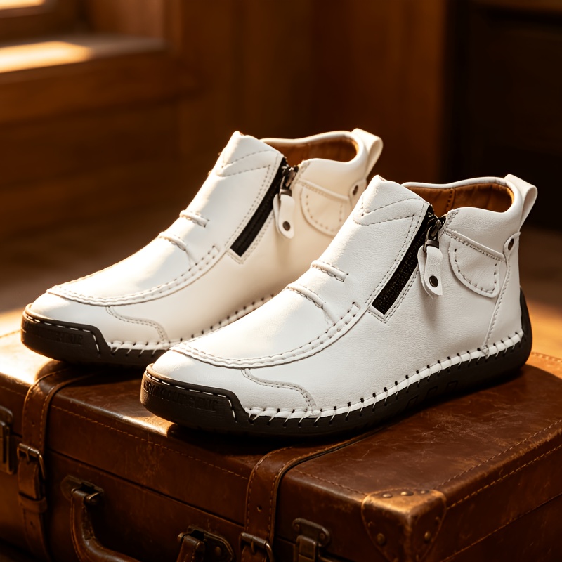 Image of Men Hand Stitched Ankle Boots, Side Metal Zipper Casual Chukka Booties, Flexible Non-slip Hand Sewn Sole Outdoor Driving Short Boots, Vintage Handmade Daily Walking Footwear Unisex Large Size Shoes