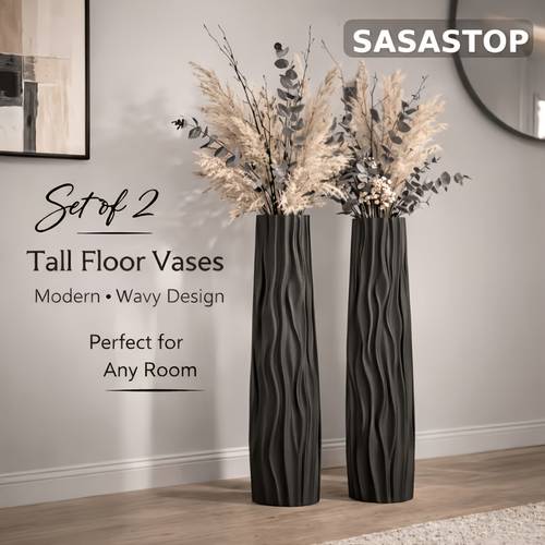 set of 2 tall floor vases and resistant ceramic look floral arrangement vase for stems and leaves entryway and living room corner decoration black and white set