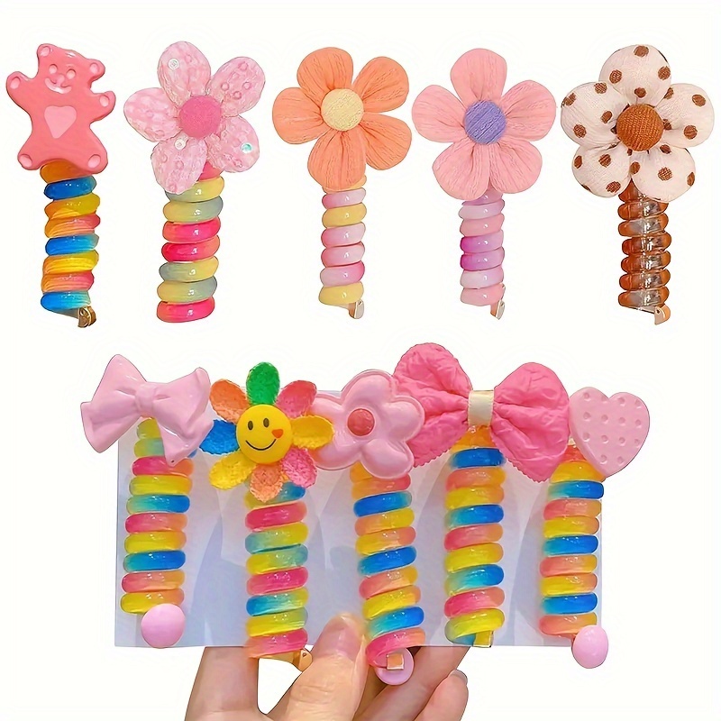 

10-piece Cute Cartoon & Rainbow Spiral Hair Ties Set - Colorful Telephone Cord Ponytail Holders For Girls, Durable Plastic