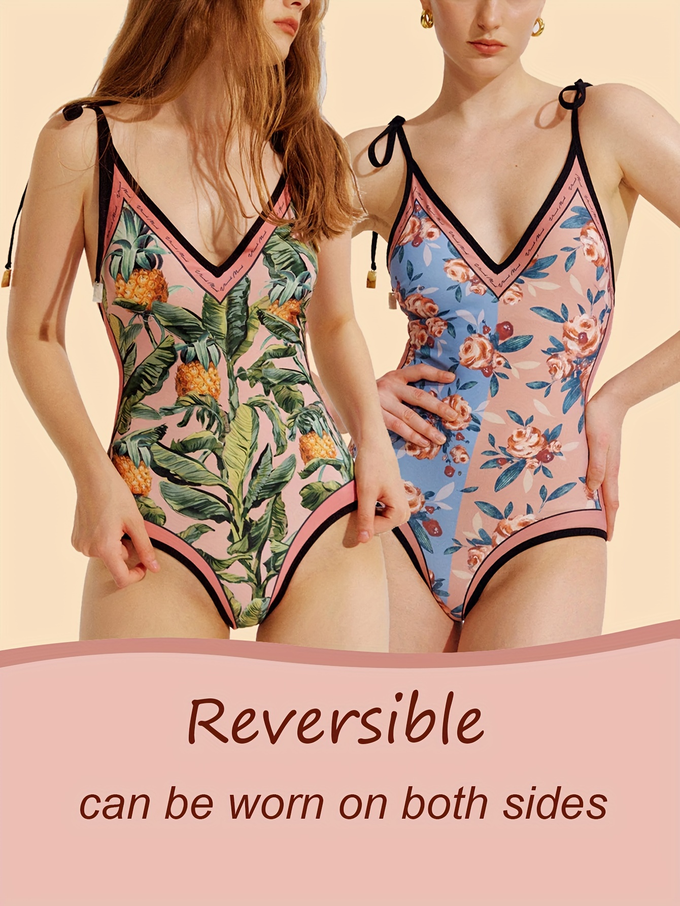Reversible Vintage Floral Print V Neck One-piece Swimsuits, Shoulder-tie  Contrast Trim Elegant Bathing-suit, Women's Swimwear & Clothing