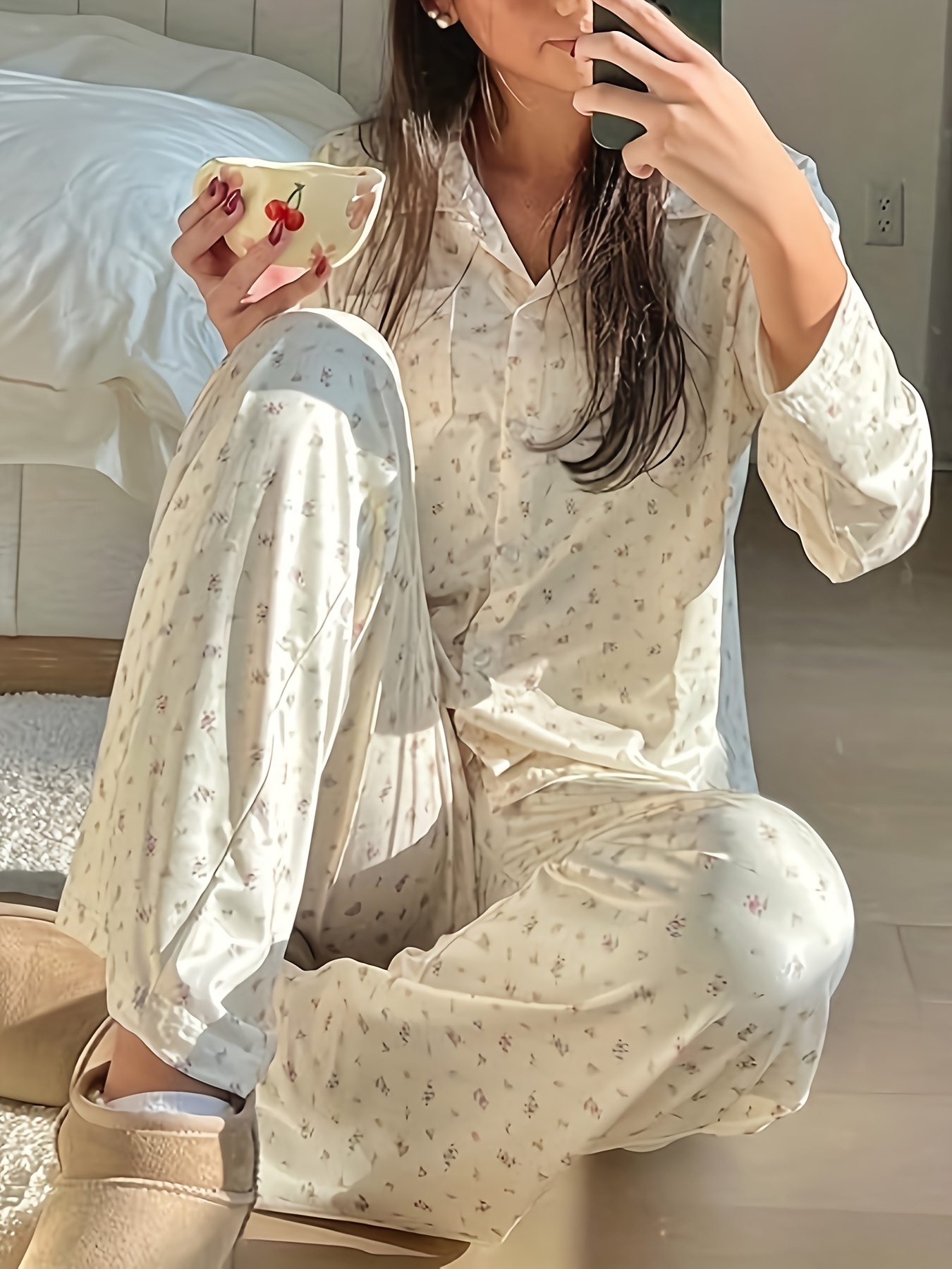 Women's Cotton Linen Pajama Set Long Sleeve Button Down Shirt and  Full-Length Bottom Pj Sets Loose Comfy Sleepwear