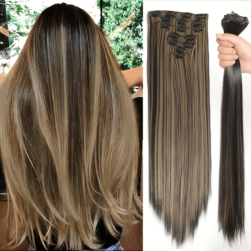 TEMU 7pcs Set, 22-inch Long Straight Synthetic Hair Extensions, Golden And Black Color, Heat-resistant, Includes 16 Clips, Clip-in Long Straight Hair
