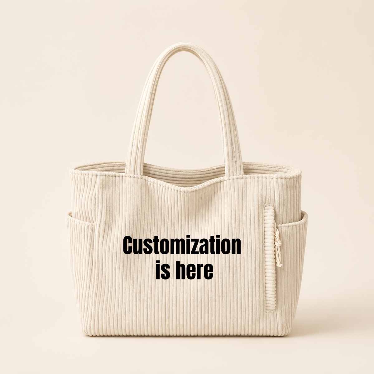 TEMU Personalized Custom Name Corduroy Tote Bag For Women - Large Capacity Handbag With 3d Chenille Rope Embroidery, Suitable For Work, Travel, &