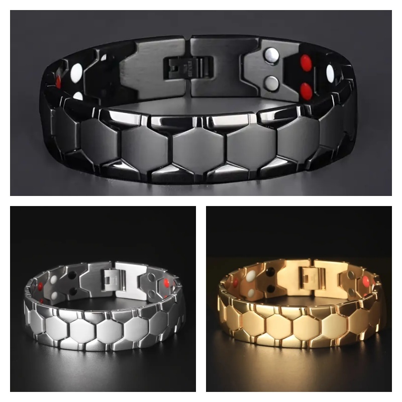 3pc Men's Magnetic Titanium Bracelets, Retro Hexagonal Design