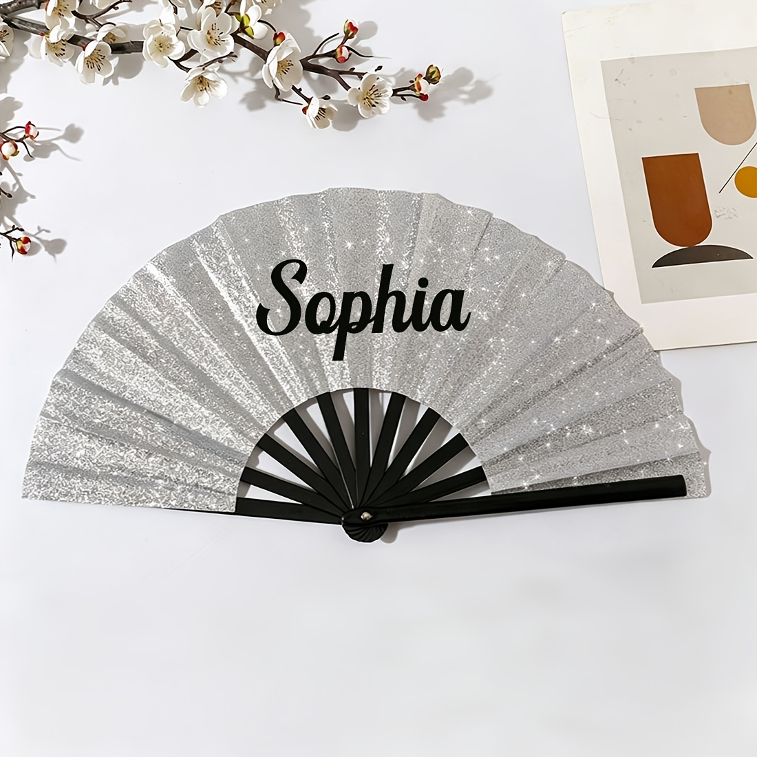 TEMU Custom-designed Glitter Wedding Fans With Text/ - Elegant Folding Fabric Fans Suitable For Bridal, Bridesmaid Gifts, Christening, Graduation