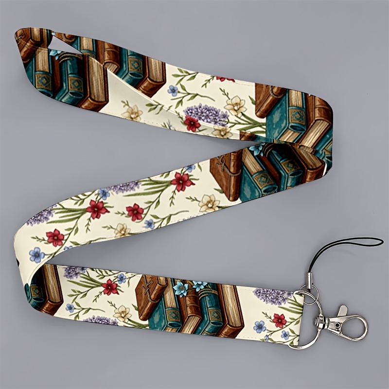 TEMU 2d Flat Lanyard Suitable For Students, Men And Women, Vintage Books And Floral Print, Fits Id Cards And Phones
