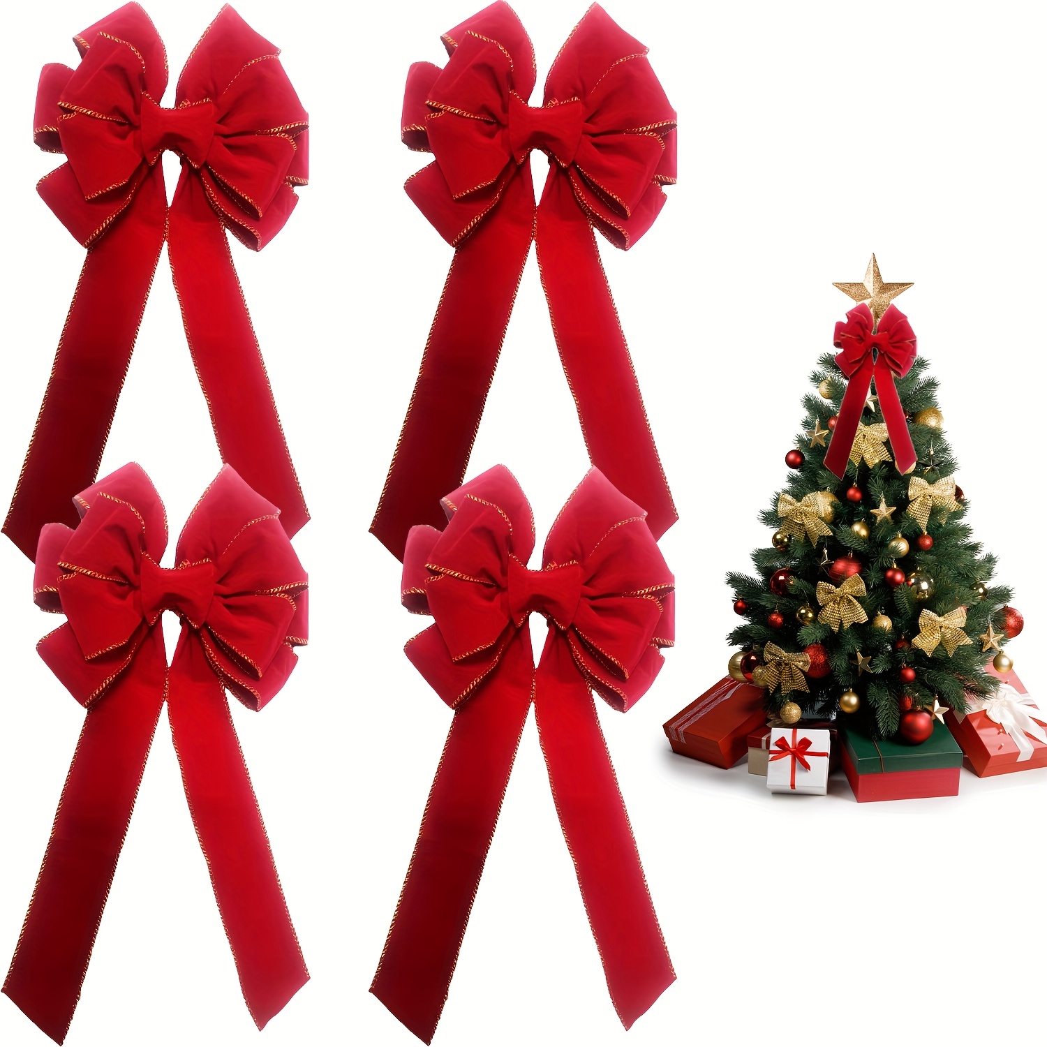 TEMU Ensemble de 4 nœuds rouges pour décorations de Noël d'extérieur, grand nœud de sommet d'arbre de 12"X20", nœud de couronne en velours avec