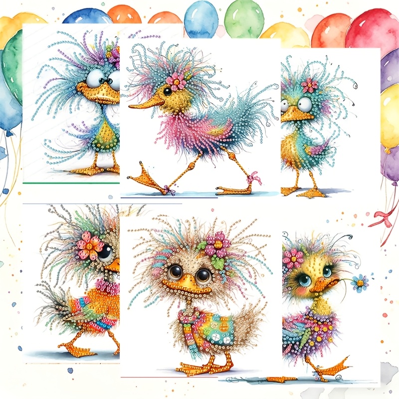 TEMU 6pcs Diy Diamond Painting Greeting Card & Envelope Set - Messy Duck Mosaic Art Suitable For Birthdays, Holidays, Handmade Round Diamond Cards