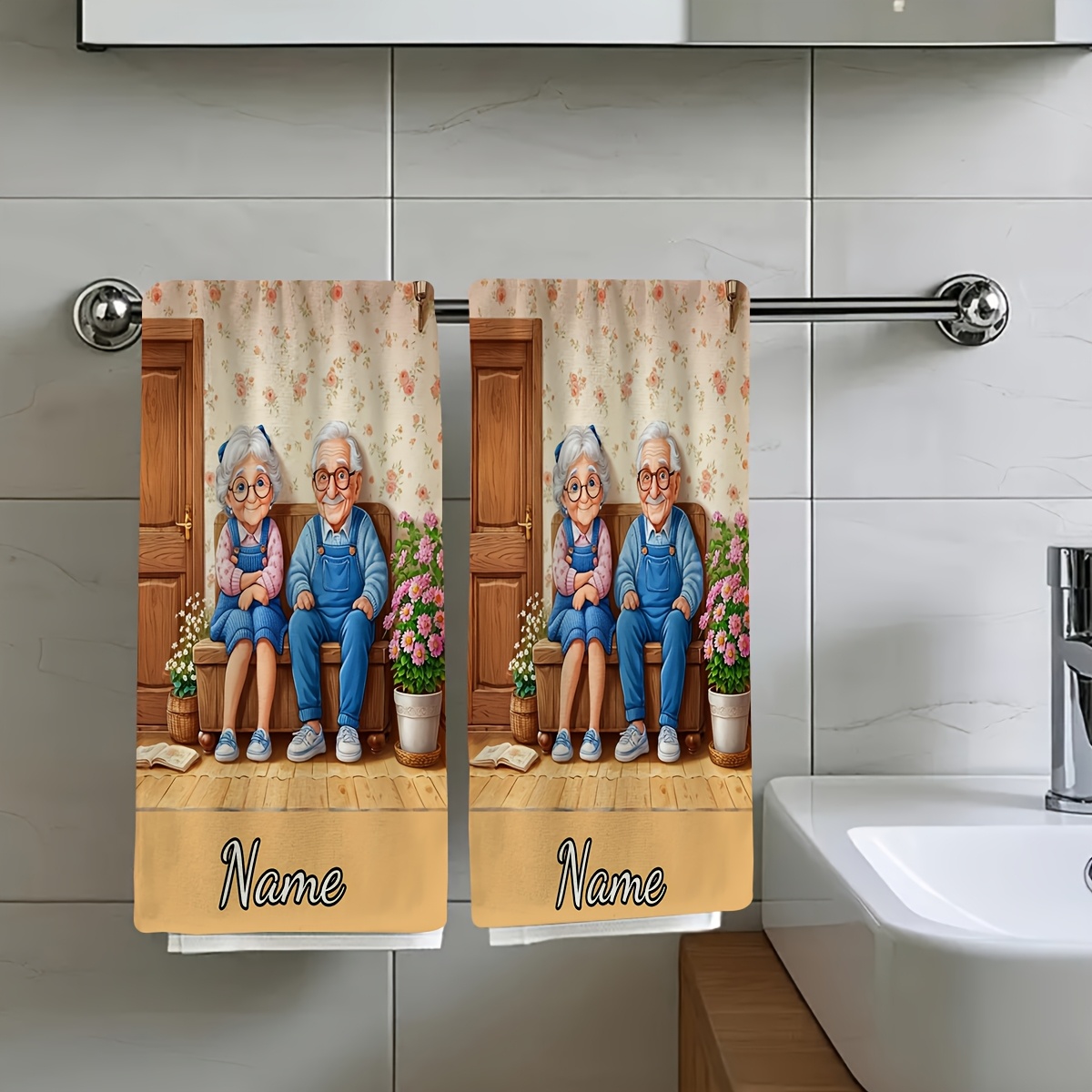 TEMU 2pcs, An Elderly Couple Sitting In A Comfortable Indoor Surrounded By Flowers. Essential Travel Towels, Customizable Towels, Name Customized
