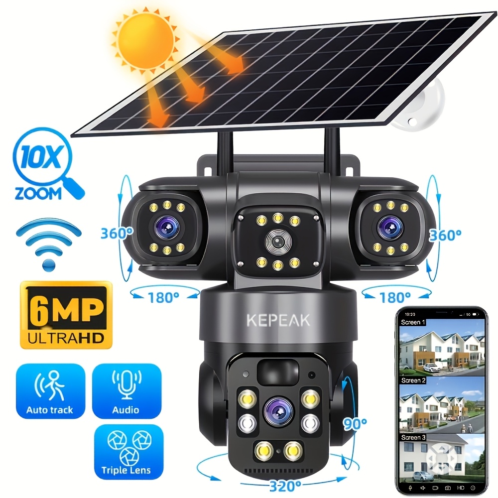 TEMU 3 Lenses 3 Hd Three-lens Security Camera, Security Solar Cameras Outdoor, Battery Powered Camera For Home Security, 2.4g Wifi Wireless Camera