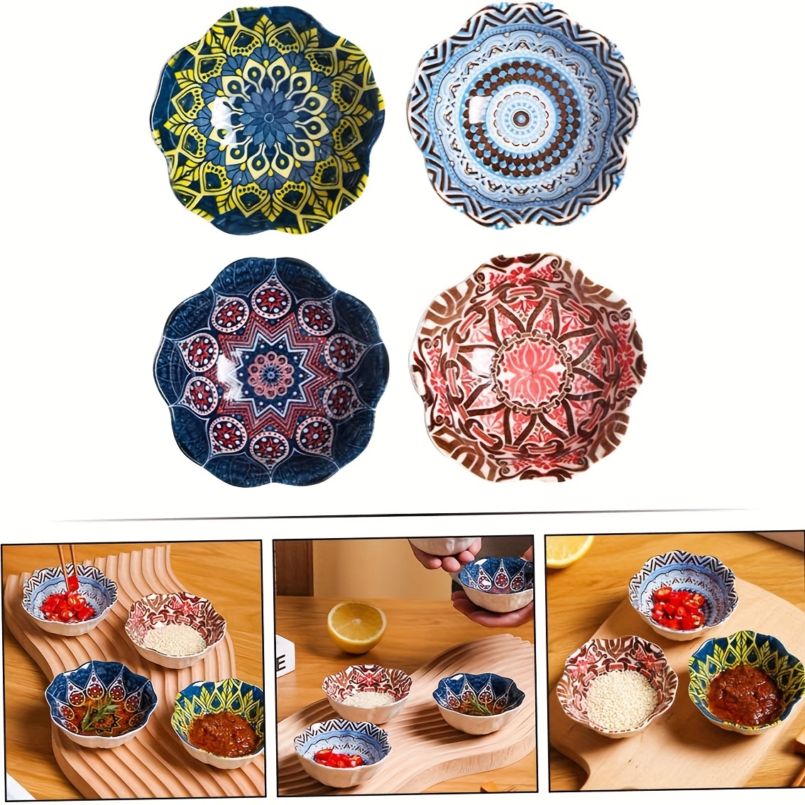 

Elegant 4-piece Ceramic Dipping Bowl Set, 3.3" - Bohemian Style For Sushi & Sauces