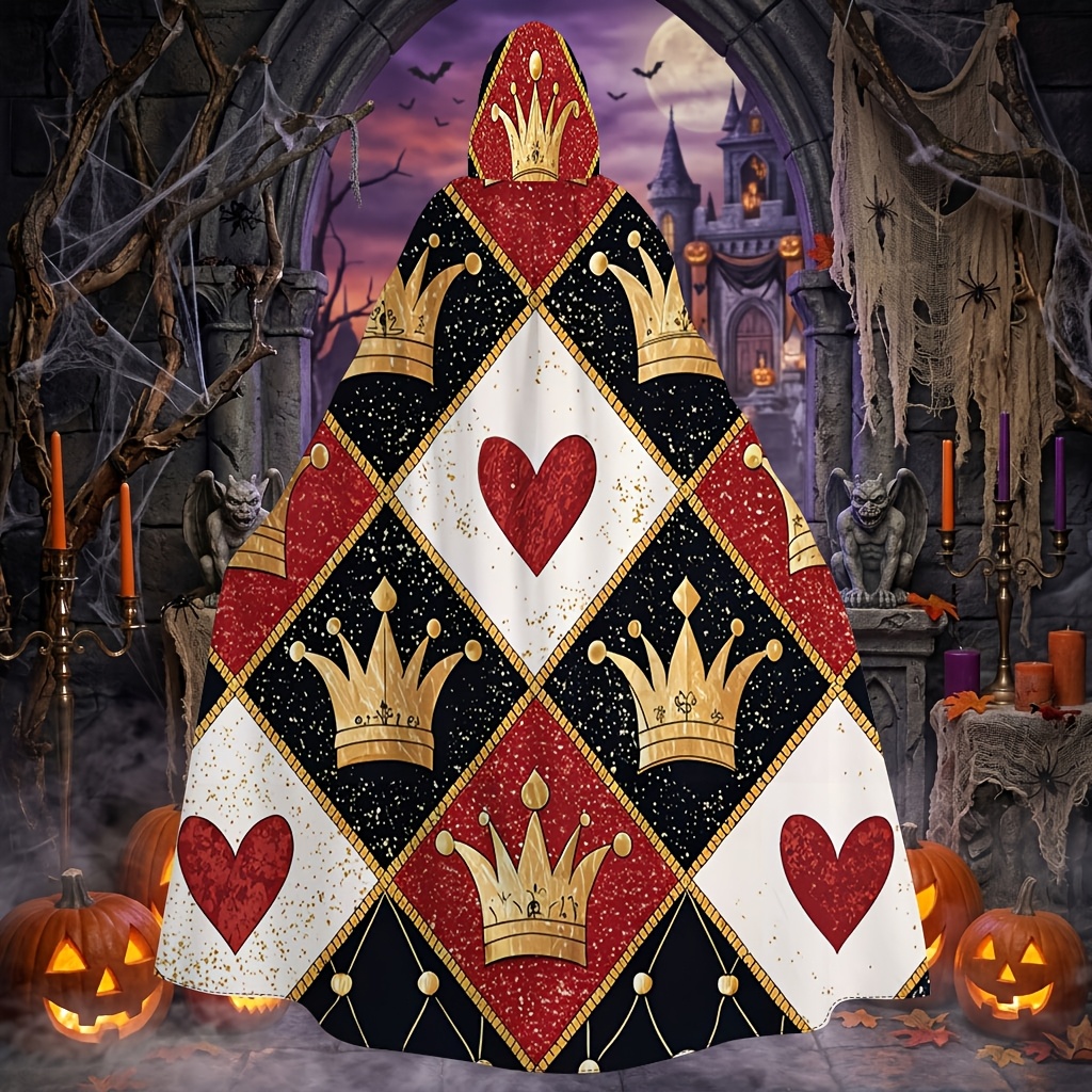 TEMU 2d Flat 1pc, Red Queen With Cape, Classic Playing Card Checkered And Print, Unisex Fun Robe, Ideal For Halloween Cosplay, Themed Parties, Tale