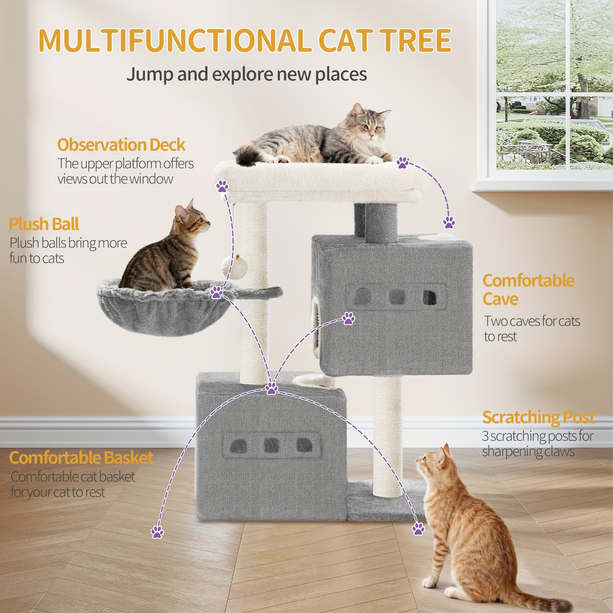 TEMU 75 Cm Sturdy Cat Tower With Scratching Post, Spacious Resting Area, Cat Cave, Sisal-covered Posts, Basket, Plush Balls, And In Beige, Dark Gray,