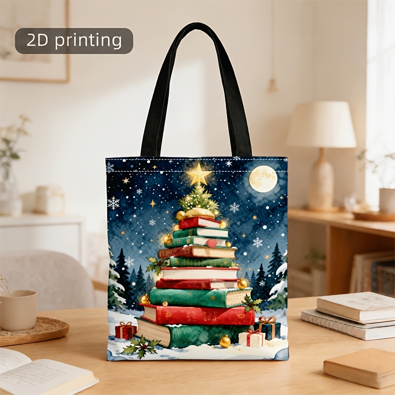 TEMU Borsa a tracolla e borsetta unisex con stampa albero di Natale a pila di libri ad - Borsa tote unisex adatta per gli spostamenti quotidiani,