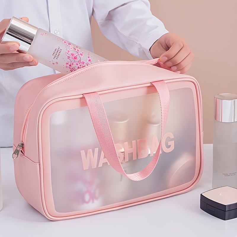 

Chic Letter Print Cosmetic Bag - Waterproof, Large Capacity Makeup Organizer With Transparent Design For Travel & Toiletries Storage