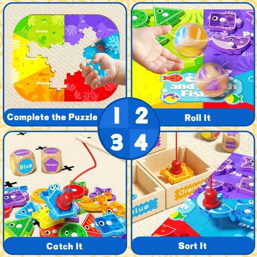 Wooden Six-Color Fishing with Box Magnetic Fishing Fine Motor Skills Classification Color Matching Educational Toy Christmas Gift