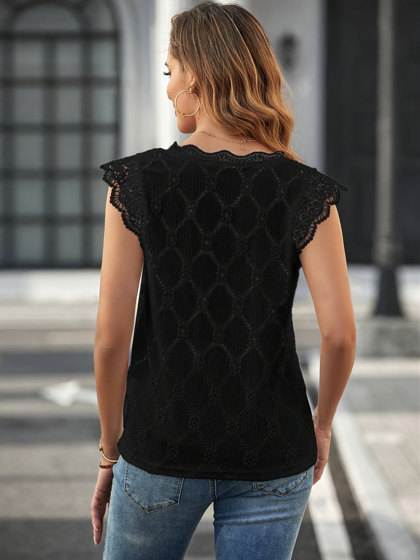 Contrast Lace V Neck Blouse, Casual Cap Sleeve Eyelet Blouse For Spring & Summer, Women's Clothing