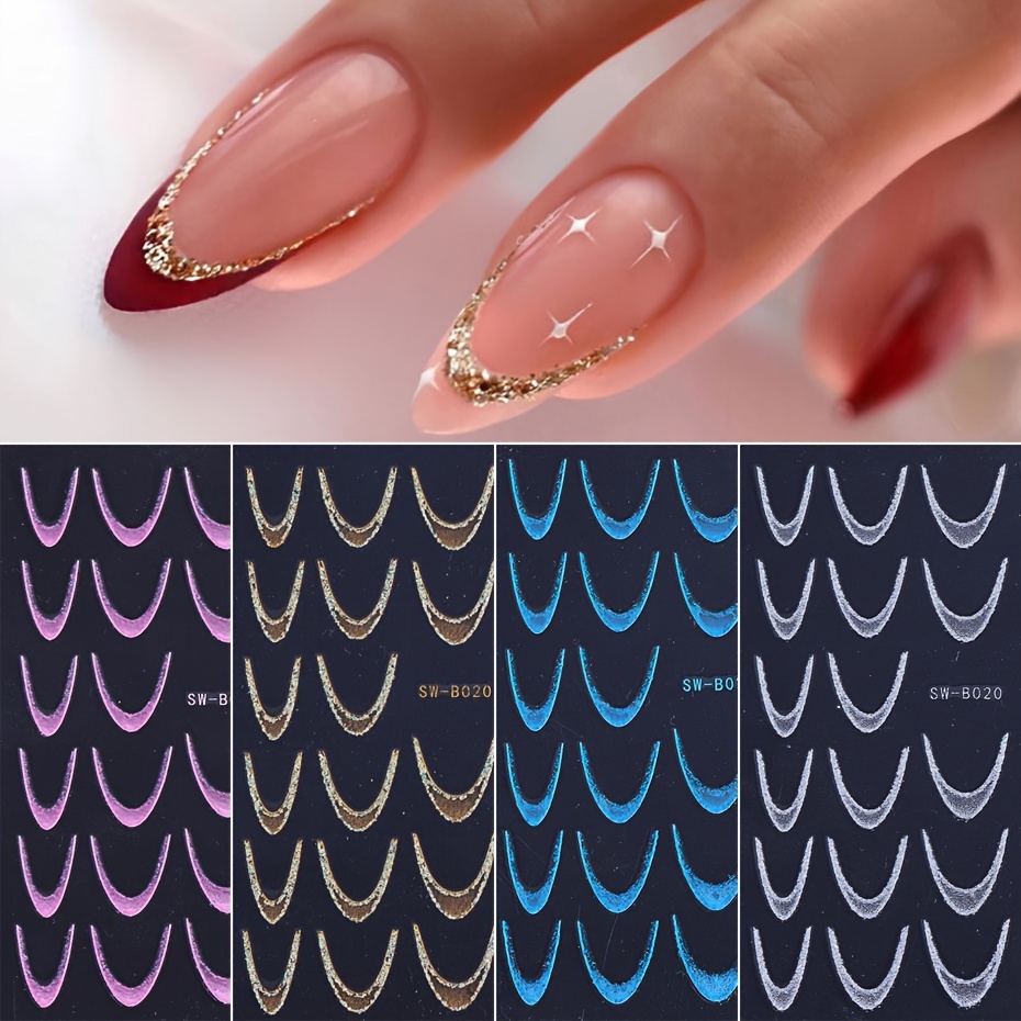 

4pcs Sparkling French Nail Art Stickers - Self-adhesive, Hypoallergenic Decals In Golden, Silvery, Blue & Pink For Easy Manicure, Glitter, French Manicure Stickers, Golden, Silvery, Blue, Pink