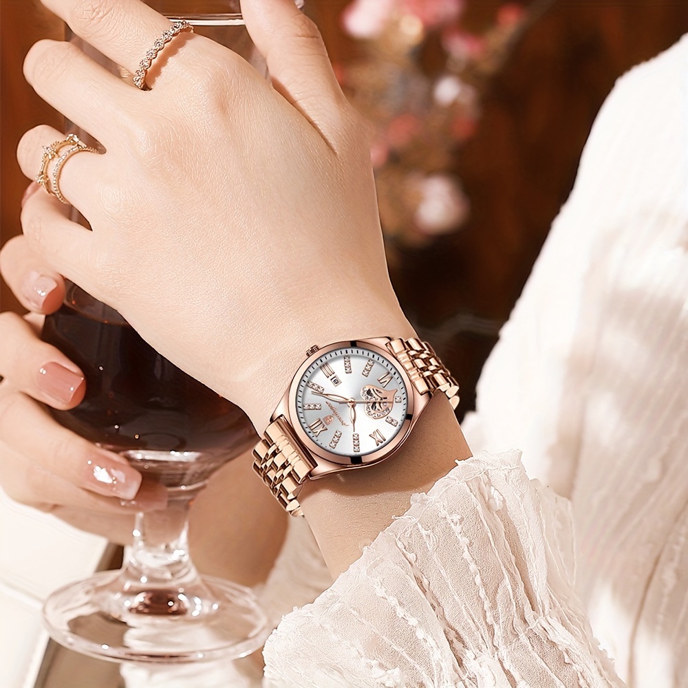 POEDAGAR Elegant Women's Quartz Watch - Rose Golden-Tone Stainless Steel, Luminous Hands & Calendar,, Date Display with Heart Detail