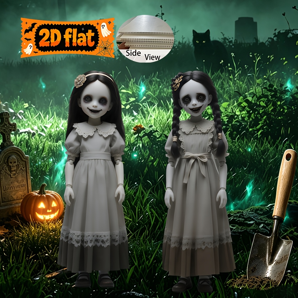 Image of 2d Flat, [2d Flat] 2d Flat 2set Halloween Yard Sign Creepy Girls Yard Stakes Scary Spooky Doll Halloween Outdoor Lawn Garden Yard Decorations For Haunted House Graveyard Halloween Party Decor, 2d Flat