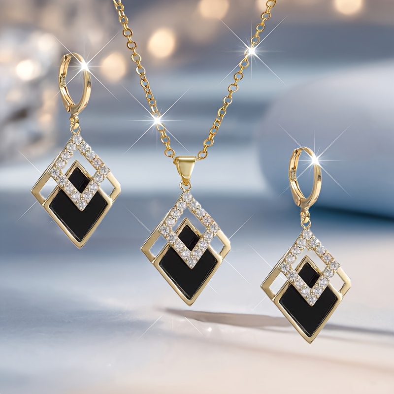 TEMU 1 Set Elegant And Stylish New Stone Geometric Earrings And Necklace Set, Teardrop Dangle Earrings And Necklace Set, Fashionable And Versatile