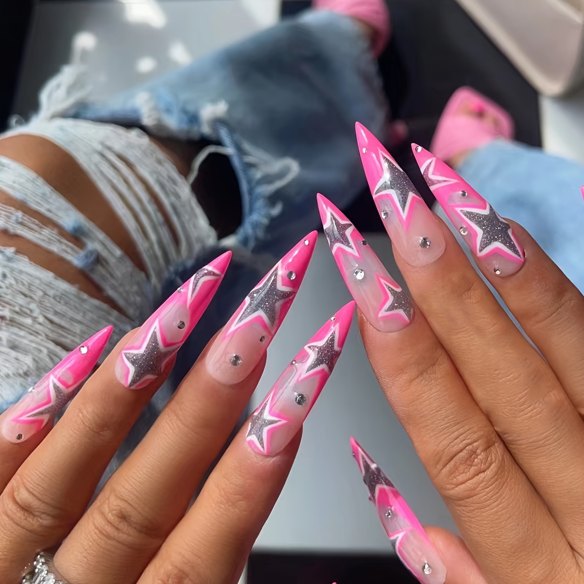 Image of 24pcs Of Pink Pentagram Glitter Long Stiletto Nails, With 1pc Jelly Glue And A Nail File, Full Coverage Wearable Fake Nail Set, Suitable For Women And To Wear In