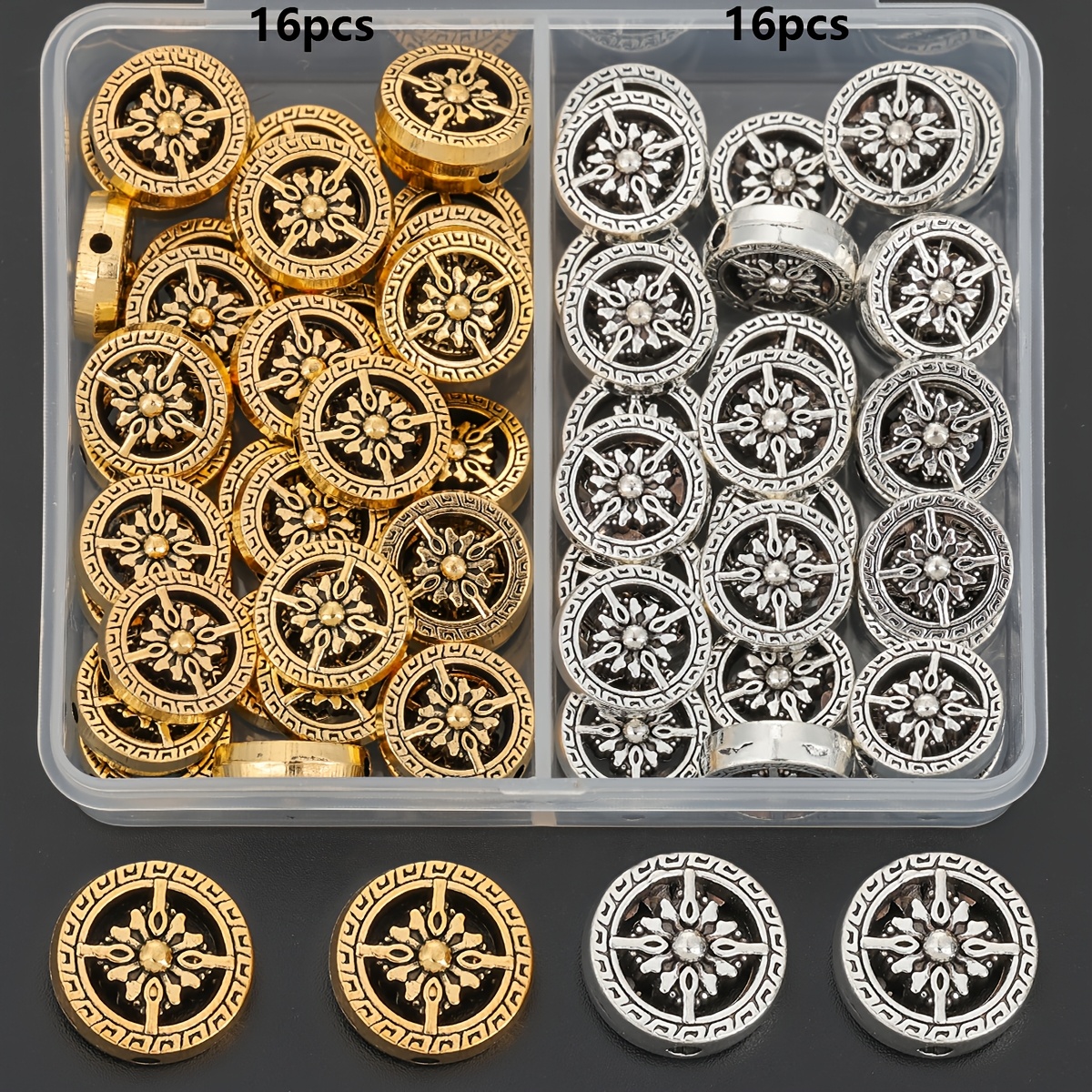 TEMU 32pcs/Boîte Perles d'espacement rondes à motif , perles creuses sculptées, filaments de perles d' 12 mm en de , perles libres, connecteurs de