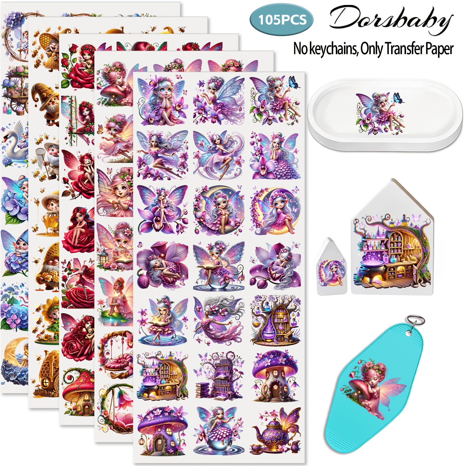 TEMU 105pcs Watercolor Fairies Style Uv Dtf Transfer Paper For Keychains, Small Diy Art For Crafts & Creative Diy Supplies (no Keychain, Transfer )
