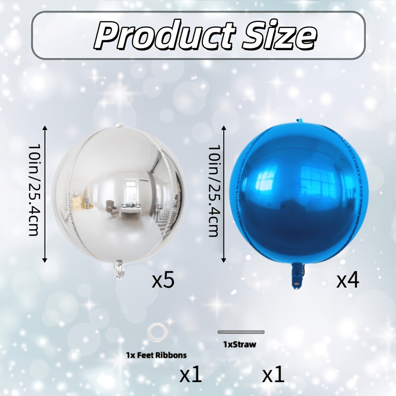 TEMU 11pcs Blue Silvery 4d Ball Aluminum Foil Balloons With Ribbon And Straw Set, Camping Theme Party Decoration, Graduation Bride Gift, Party