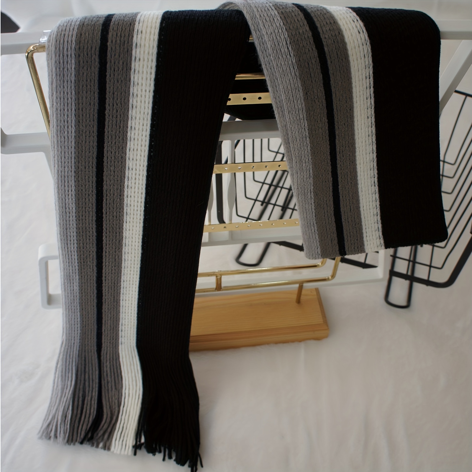 1pc Men'S Casual Style Striped Color Block Warm Acrylic Scarf with Tassel Detail - Knitted Fashion Accessory for Outdoor Trend details 28