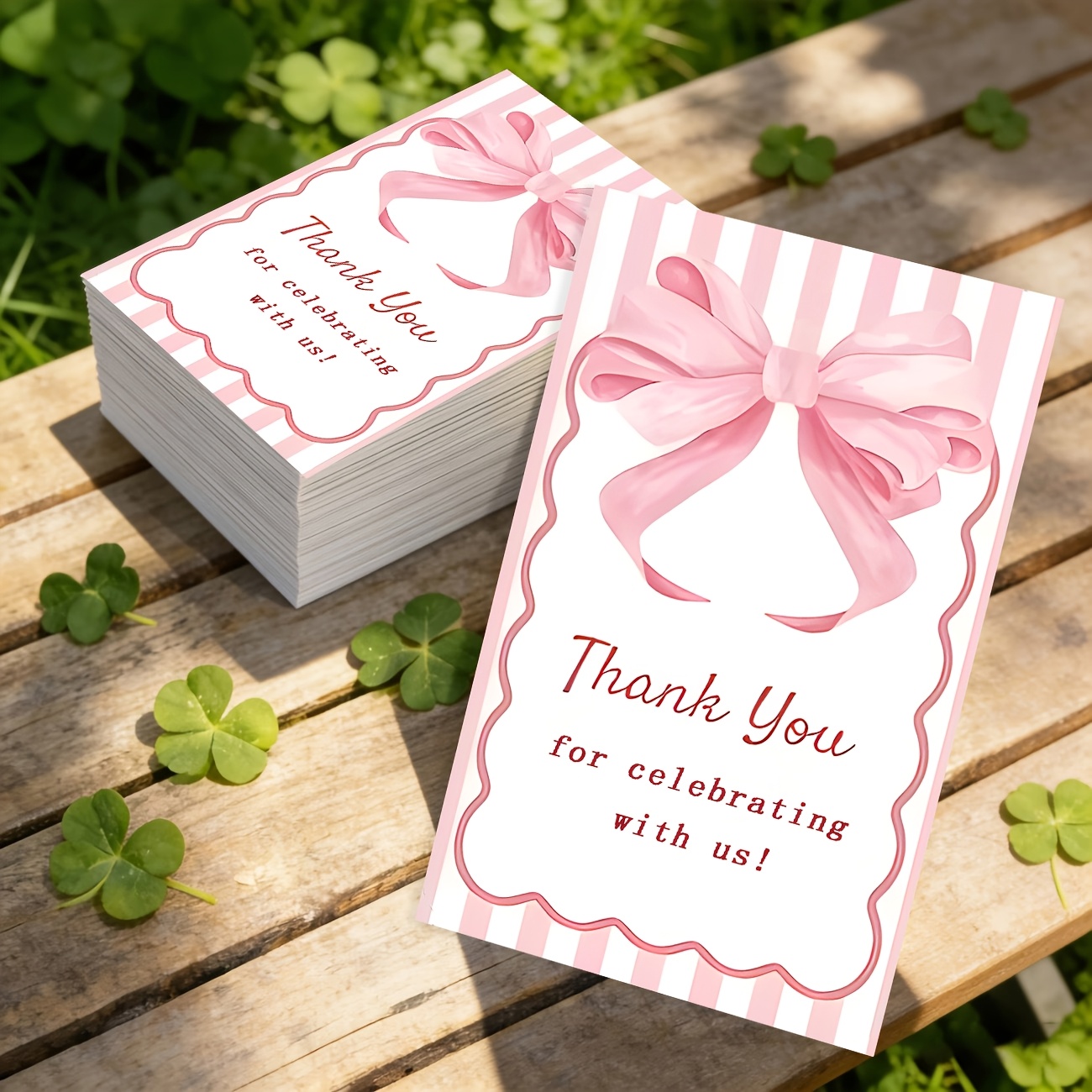 TEMU 50pcs Pink And White Striped Bow Thank You Cards And Gift Cards, Featuring Pink And With Bows And Wavy Borders. Suitable For Holidays, Party
