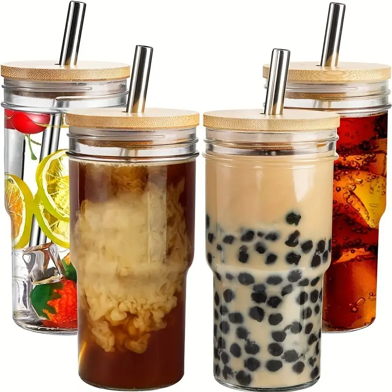 2pcs 4pcs insulated glass cup cold drink cup slush cold drink glass straw cup water cup wooden lid with cup cover straw straw cleaner home cold drink party beverage accessories Product details 1