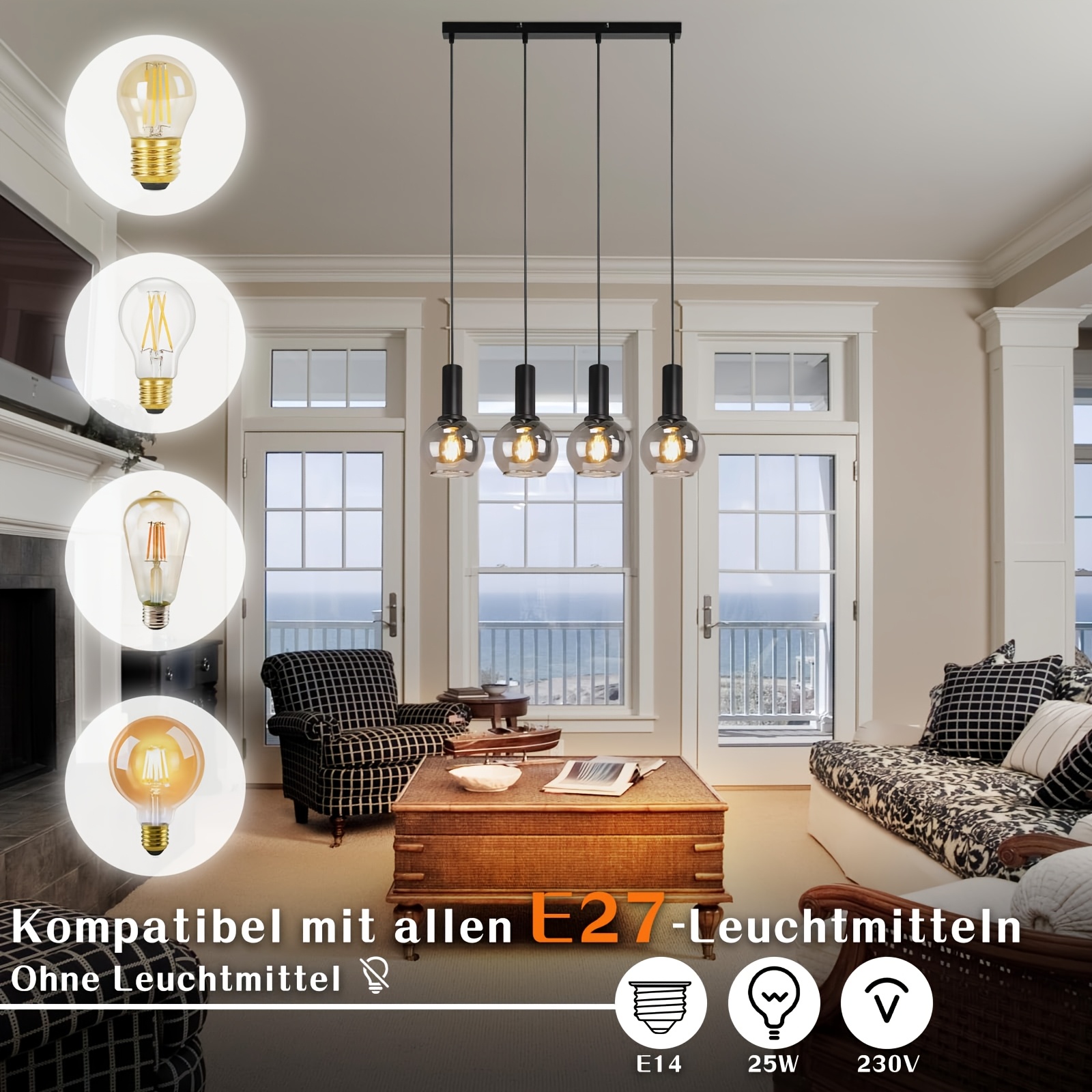 Pendant Light Dining Table 4 Flammig Smoke Grey Glass E27 Height Adjustable For Restaurant Bedroom (bulb Not Included)