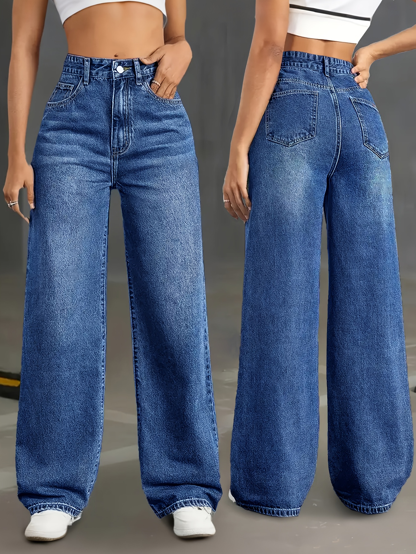 women s 2025 autumn-winter new stretchy loose straight-leg jeans, washed blue denim with pockets, high-waisted comfortable wide-leg pants, elegant women s clothing, suitable for work, travel, office wear, boyfriend casual pants 0