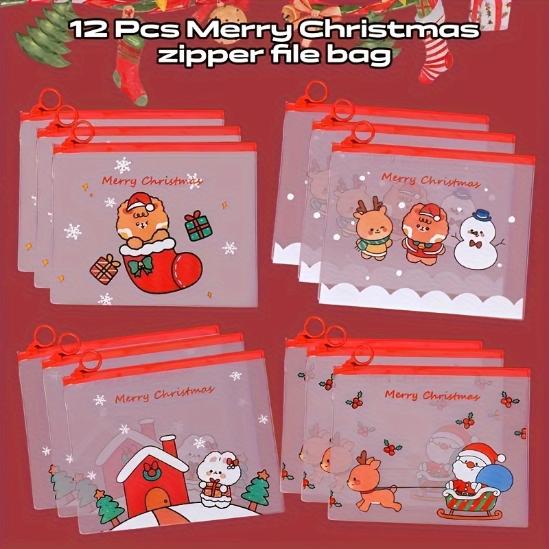 Image of 12 Christmas Cartoon Pvc Zipper File Bags For And Coworkers, Cute Transparent Stationery Storage Bags, Multifunctional Gifts