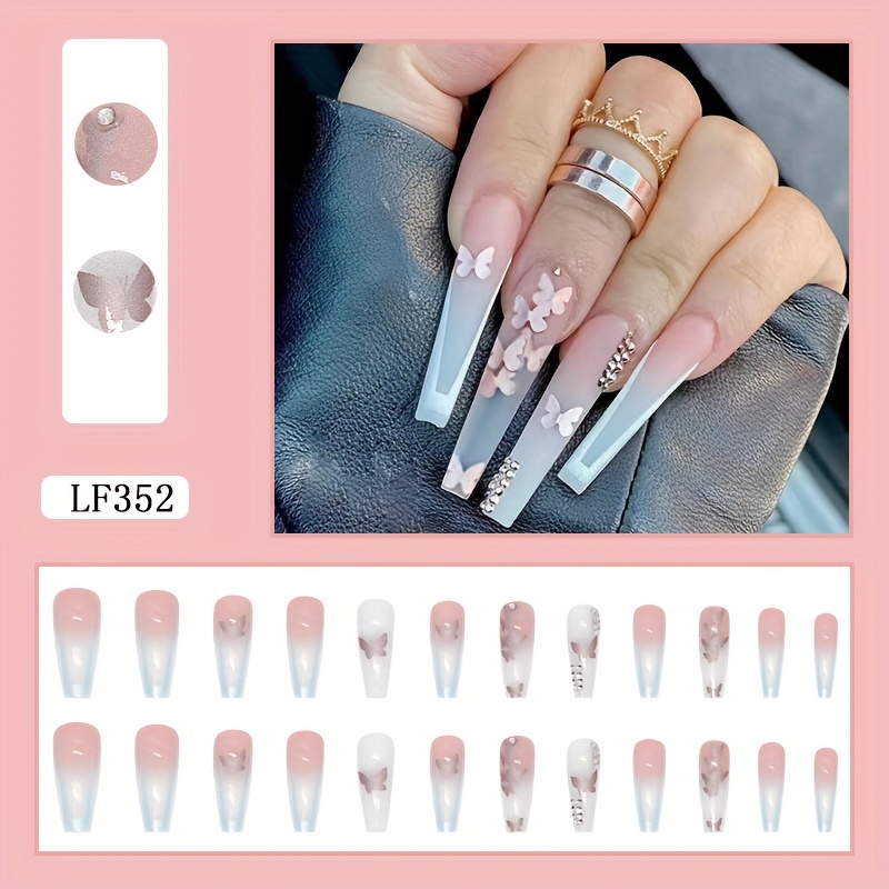 TEMU Lot de 24 faux ongles longs de cercueil avec papillons, ongles français à strass pour et les fêtes